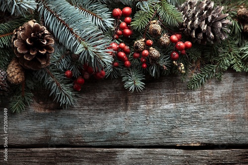 Festive Christmas Decoration with Pine Cones Red Berries and Evergreen Branches on Rustic Wooden Background