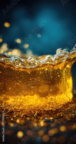 A detailed close-up view of a dynamic golden liquid, showcasing a vibrant splash with many tiny bubbles, against a dark, moody backdrop.