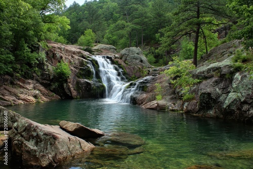 Fototapeta Naklejka Na Ścianę i Meble -  Serene Ouachita Mountains: Tranquil Waterfalls and Picturesque Lakes in Central Arkansas