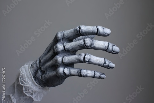 Silver Skeleton Hand Reaching Out with Artistic Style on Gray Background