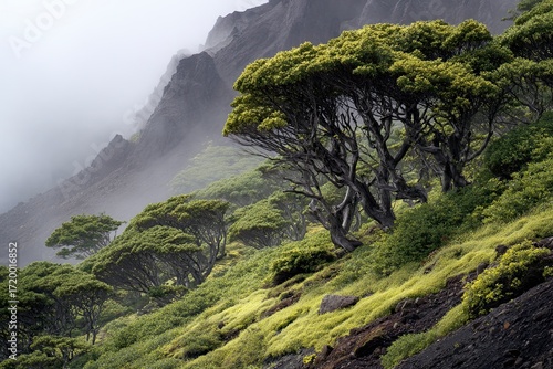 Lush Green Trees on Mountain Slope with Misty Background in Natural Landscape