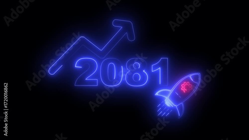 Wallpaper Mural Blue neon 2081 year with upward arrow graph and rocket ship icon on black background new year Torontodigital.ca