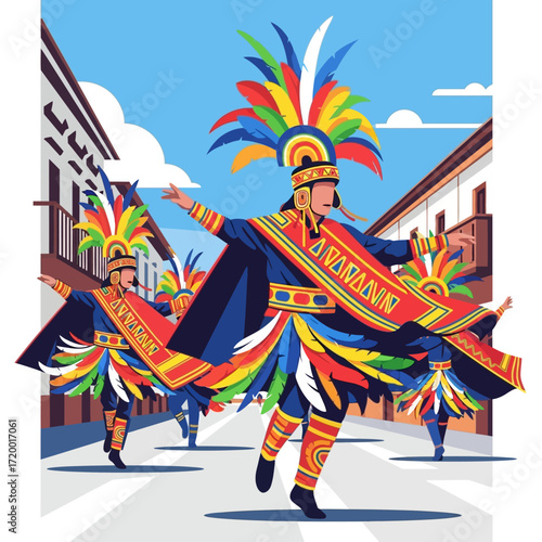 Vibrant cultural dancers celebrating heritage with colorful costumes in a festive parade showing tradition and community spirit perfect for travel posters