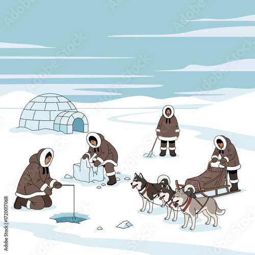 Eskimo community thriving in the Arctic with husky sleds, ice fishing, and igloo construction in a chilly snowy landscape, perfect for culture projects