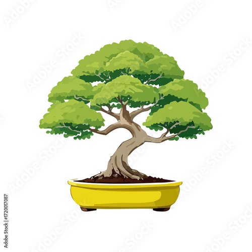 Lush Bonsai Tree Vector — Rounded Leaf Miniature Trees in Yellow Pots