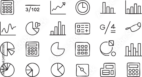 Math and calculator outline icons set, pie chart, bar graph, fractions, statistics, and equations vector illustration for education, finance, data analysis, school learning, and business design projec
