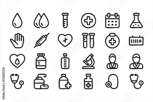 Medical and healthcare outline icons for hospital and laboratory projects