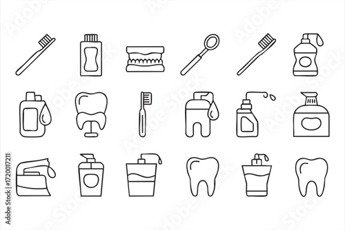 Dental care and oral hygiene outline icons set, toothbrush, toothpaste, mouthwash, dental floss, teeth, and soap vector illustration for healthcare, dentist clinic, hygiene products, and wellness desi