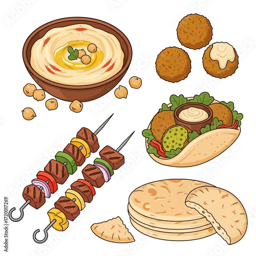 Delicious Middle Eastern feast featuring hummus, falafel, kebabs, and pita bread, perfect for food blogs and restaurant menus, ready to inspire hungry diners