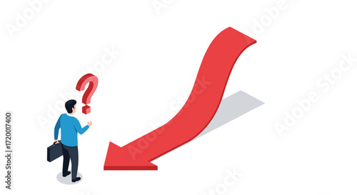 A person stands next to a downward trending arrow and a question mark.