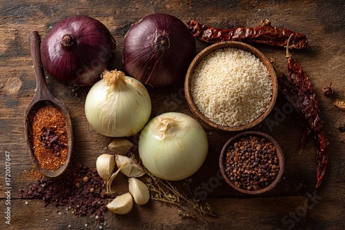 Fresh Red and White Onions with Rice Garlic and Spices on Wooden Surface