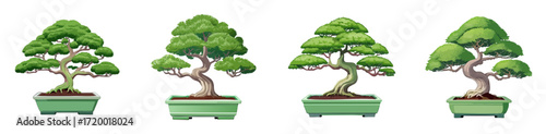Elegant Bonsai Tree Vector Set — Classic Miniature Trees in Green Ceramic Pots