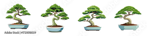 Stylized Bonsai Tree Vector Set — Unique Shaped Miniature Trees in Blue Ceramic Pots