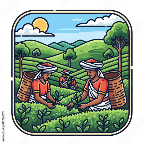 Experience the timeless tradition of tea harvesting with this vibrant illustration of workers in a lush, rolling plantation under a bright sunny sky