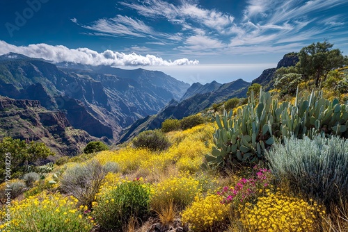 Vibrant Mountain Landscape with Wildflowers and Cactus Under Bright Blue Sky