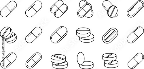 Modern outline style pills icons collection.