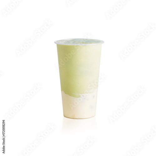 Refreshing isolated avocado smoothie with creamy milk foam on white background, summer beverage