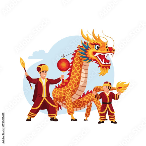 Vibrant Chinese New Year celebration with traditional dragon dance and costumed performers bringing joy and cultural richness to the festive occasion