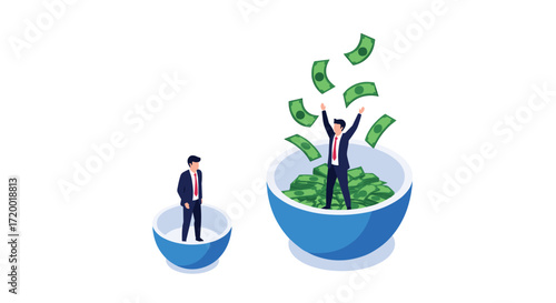 Illustrating the stark contrast between financial success and stagnation using two men in bowls filled with money.