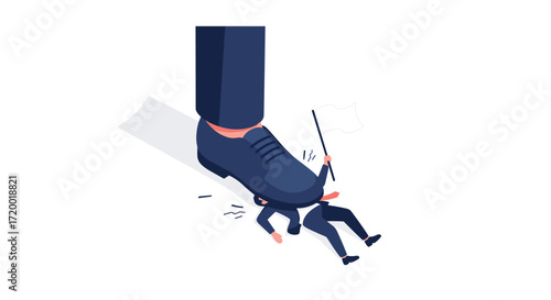 Giant shoe crushing small businessman under its sole representing oppression and failure.