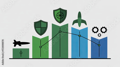 Green defense industry chart showing growth trend with airplane shield gear and rocket icons conveying security and aerospace resilience