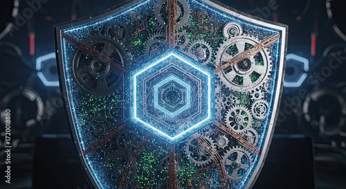 Futuristic shield with glowing hexagon defense industry cybernetic gears and circuit detail conveying protection and resilience technology driven