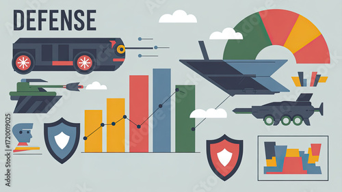 Defense industry infographic showing military vehicle chart and shield symbol with analytic graph and strategic elements conveying security