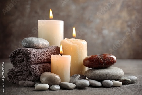 Relaxing Spa Candles with Stones and Towels in Calm Atmosphere