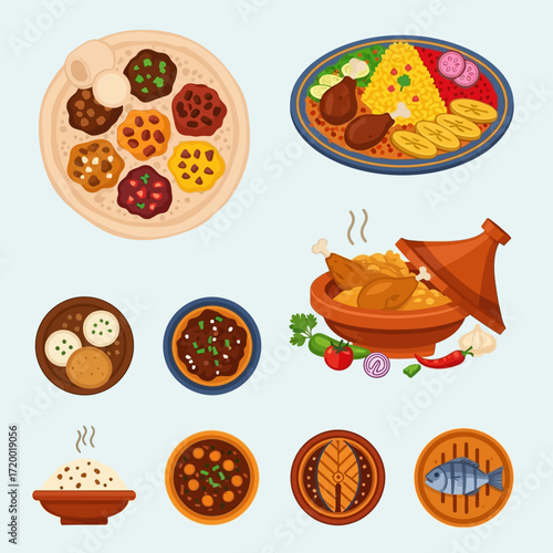 Delicious vibrant African dishes including tagine, injera, and flavorful stews perfect for food blogs or restaurant menus, showcasing diverse culinary delights