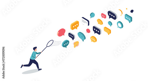 A person is catching speech bubbles with a net representing communication and ideas.