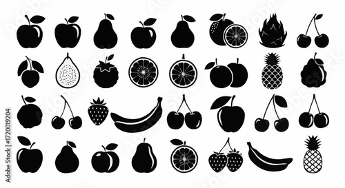 A comprehensive collection of assorted fruit silhouettes. A set of black vector graphic icons for nutrition, diet, and grocery design elements isolated on a white background