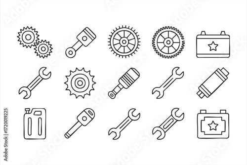 Engine parts and workshop tool vector illustrations for mechanic and auto design