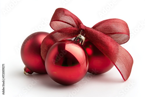 Red Christmas Ornaments with Bow on White Background
