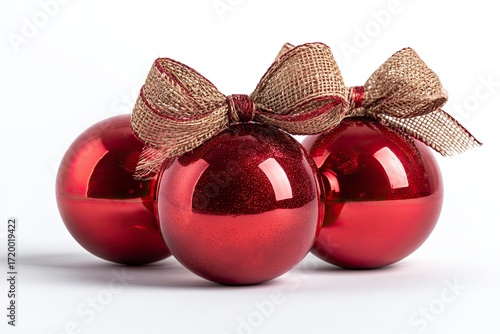 Red Christmas Ornaments with Burlap Ribbon Bow on White Background