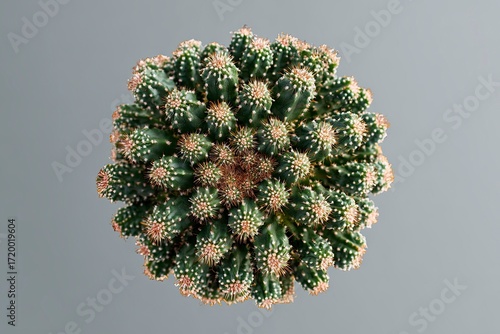 Green Cactus Plant with Spines on Gray Background