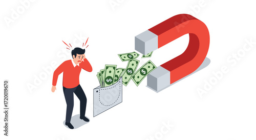 A man looks distressed as a large magnet pulls money out of his briefcase.