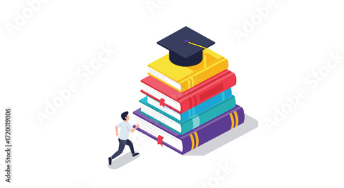Student running towards a tall stack of books topped with a graduation cap symbolizing the pursuit of knowledge and academic success.