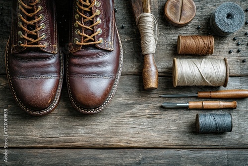 Brown Leather Boots with Shoemaking Tools and Spools of Thread on Wooden Surface