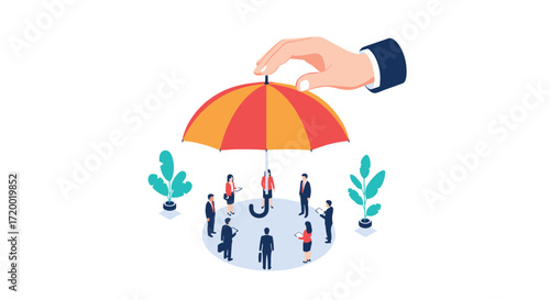 A hand holding an umbrella over a group of people for protection.