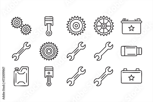 Car engine parts and tools outline icons for automotive and mechanic projects