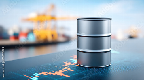 Shale, oil, output, volatility, in, exports Oil barrel digital chart shows shale oil output volatility exports with industrial port background