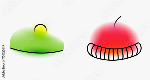 Warm woolen red hat and green beret for cold winter or autumn weather. Creative minimal composition with gradient blurred and line elements. Modern abstract fashion vector illustration.