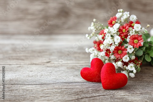Romantic Red Heart Shapes and White Red Flower Bouquet on Rustic Wooden Surface