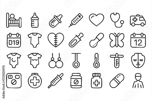Vector illustration of bottle, crib, and syringe line graphics for baby health