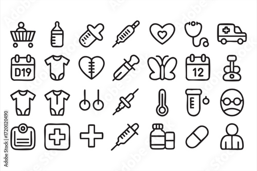 Pediatric healthcare and baby care outline icons for hospital and clinic design