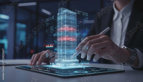 Professional hand scrolling on a tablet. The screen displays a 