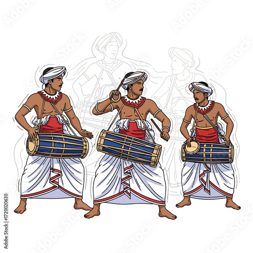 Dynamic traditional Sri Lankan drummers performing vibrant music in Kandyan dance costumes for cultural event promotions & travel marketing materials