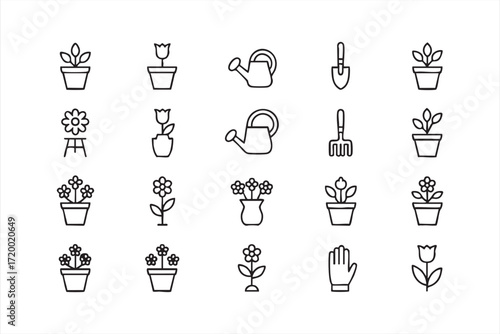 Gardening and flower outline icons for nature and outdoor hobby projects