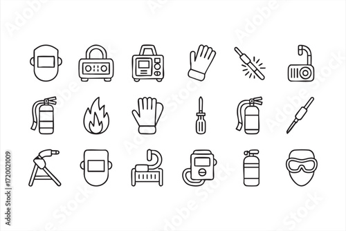 Vector set of protective gear and welding tools line graphics for engineering use