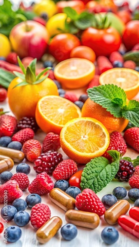 Assortment of fresh fruit and vitamin supplements